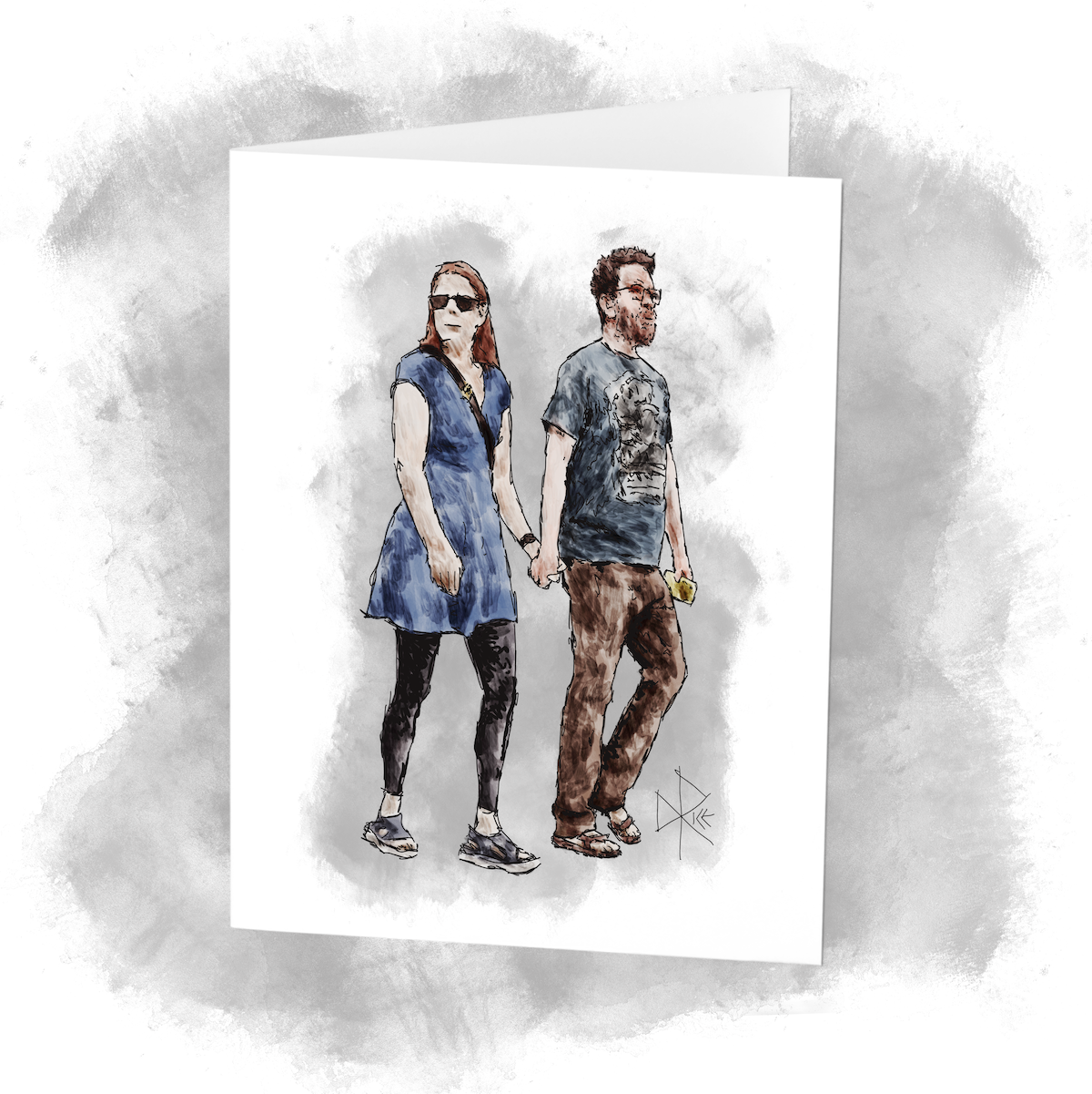 A woman and man, dressed for summer weather in casual loose clothing and sandals, walking together while holding hands. Sketch art by Don Rice. A woman and man, dressed for summer weather in casual loose clothing and sandals, walking together while holding hands. Sketch art by Don Rice.