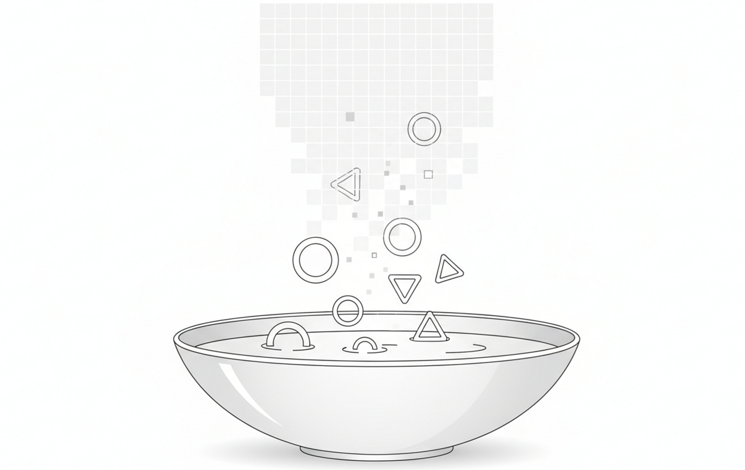 Abstract monochrome graphic showing a ‘chemical soup’ transitioning into a pixel grid, suggesting chemistry becoming computation. Abstract monochrome graphic showing a ‘chemical soup’ transitioning into a pixel grid, suggesting chemistry becoming computation.