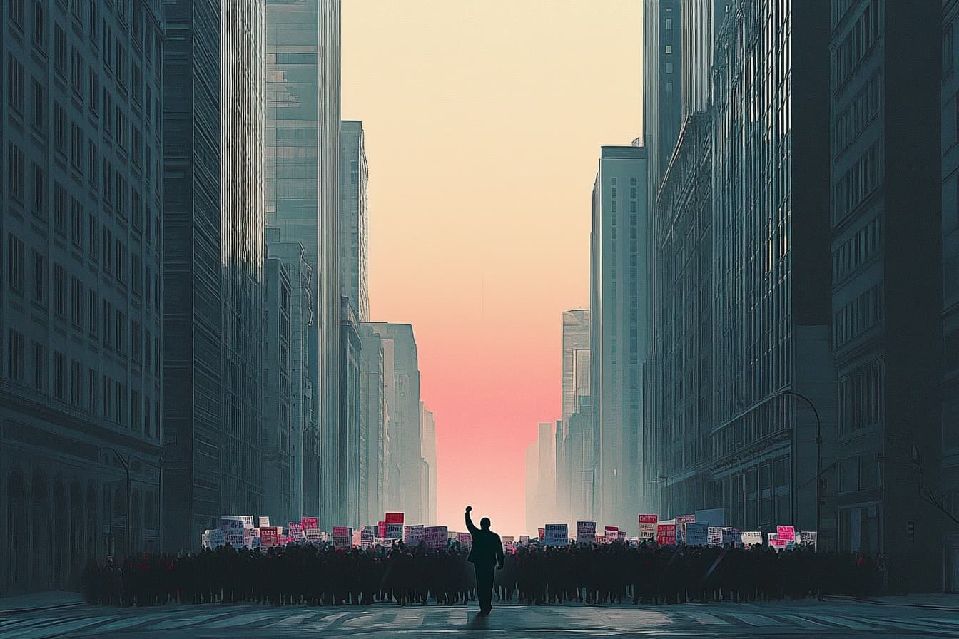 Illustration of a silhouette of a leader with one fist in the area leading a crowd of picketers. There are large office buildings in the background