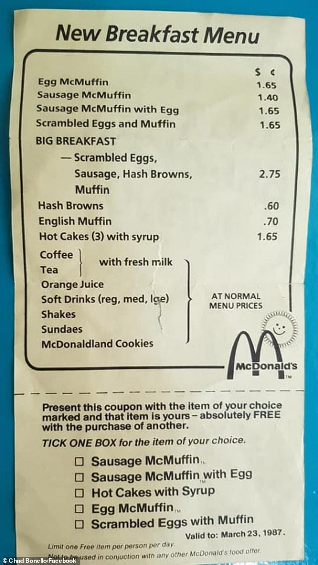 McDonald's menu from 1987 re-surfaces - with big breakfast for $2.75, 60  cents hash browns | Daily Mail Online