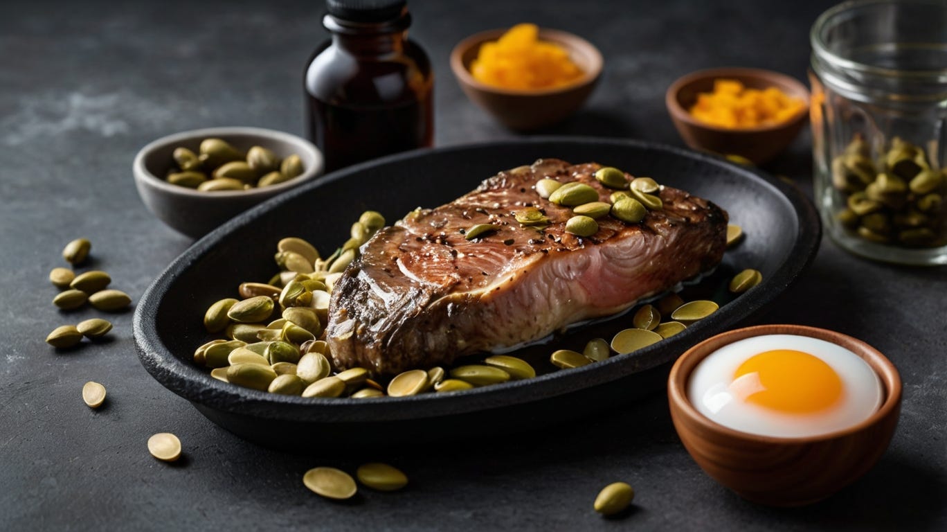 Brain-fueling foods for ADHD, including steak, eggs, salmon, MCT oil, oysters, dark chocolate, and pumpkin seeds, rich in ketones, magnesium, zinc, and Nicotinamide Riboside