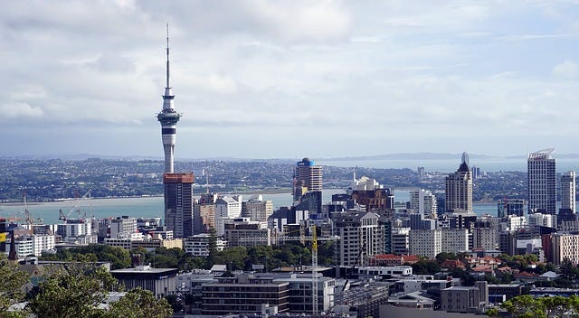 The skyline of Auckland, New Zealand, with a tower and several tall buildings in the foreground. The skyline of Auckland, New Zealand, with a tower and several tall buildings in the foreground.