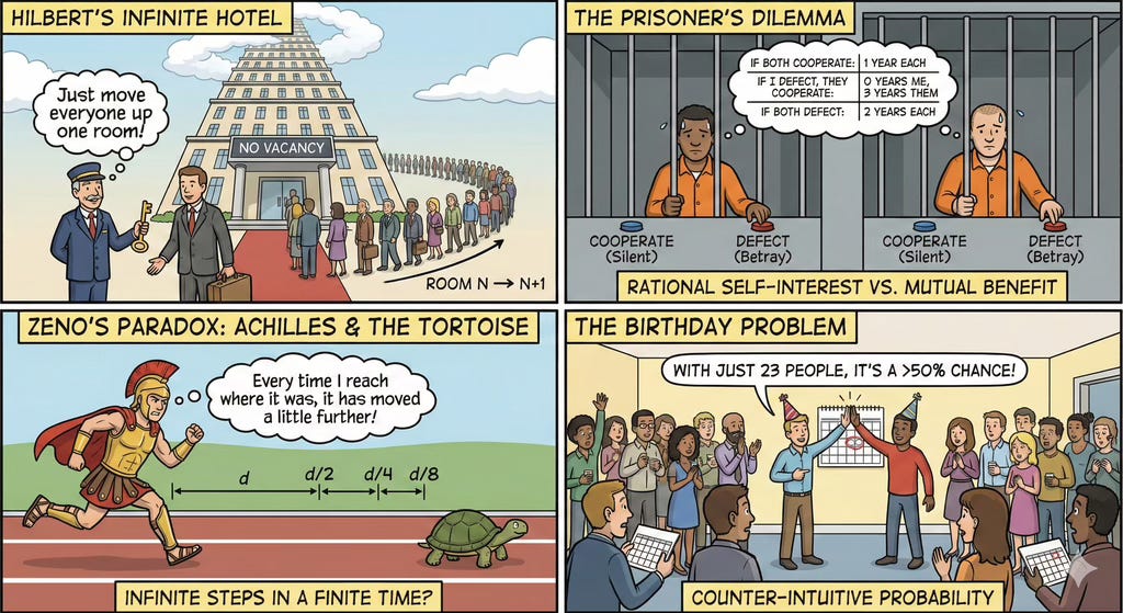 A comic illustrating four mathematical scenarios: Hilbert’s infinite hotel making room by shifting guests, two inmates facing the prisoner’s dilemma, Achilles endlessly gaining on a tortoise in Zeno’s paradox, and a party showing the birthday problem’s high chance of shared birthdays. A comic illustrating four mathematical scenarios: Hilbert’s infinite hotel making room by shifting guests, two inmates facing the prisoner’s dilemma, Achilles endlessly gaining on a tortoise in Zeno’s paradox, and a party showing the birthday problem’s high chance of shared birthdays.