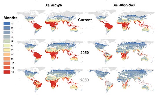 A map showing changes in available habitat for mosquitoes under the worst projected climate change scenario. A map showing changes in available habitat for mosquitoes under the worst projected climate change scenario.