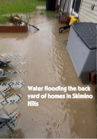 cut through at Indiana Rd., flooding at home off Alabama Lane