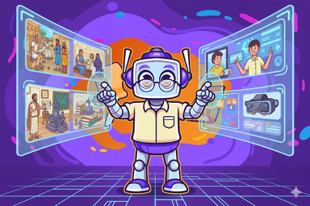 Neuralbuddy, a friendly robot character, is shown in a vibrant virtual museum environment, arranging displays. On the left, historical educational innovations are depicted, such as ancient philosophers teaching and early classrooms. On the right, modern AI implementations in education are shown, including students learning with VR headsets and AI-powered interfaces. The background features a creative blend of purple and orange from the Neuralbuddy brand colors. Neuralbuddy, a friendly robot character, is shown in a vibrant virtual museum environment, arranging displays. On the left, historical educational innovations are depicted, such as ancient philosophers teaching and early classrooms. On the right, modern AI implementations in education are shown, including students learning with VR headsets and AI-powered interfaces. The background features a creative blend of purple and orange from the Neuralbuddy brand colors.