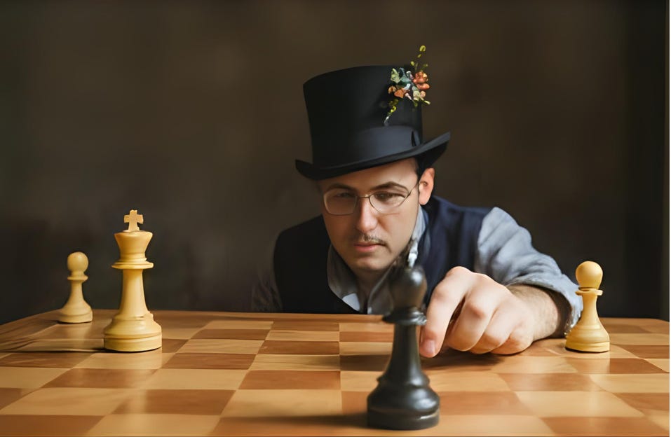 A lone player in a top hat faces an empty side of the chessboard — mastery without a mirror, victory without reflection. A lone player in a top hat faces an empty side of the chessboard — mastery without a mirror, victory without reflection.