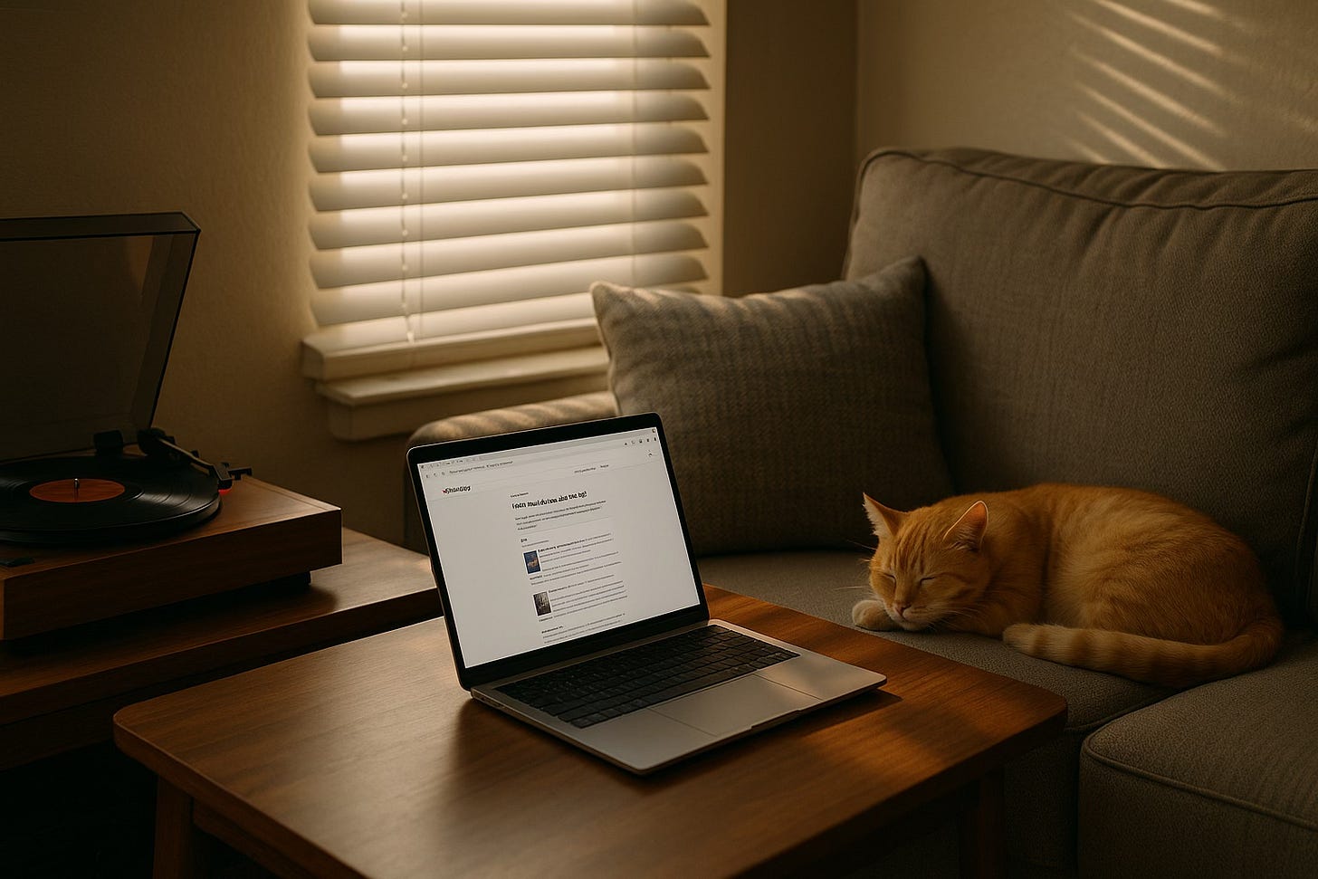 A cozy living room scene with sunlight filtering through blinds. A ginger cat sleeps curled up on a gray couch beside a laptop displaying a Substack article. A record player spins a vinyl nearby on a wooden table. A cozy living room scene with sunlight filtering through blinds. A ginger cat sleeps curled up on a gray couch beside a laptop displaying a Substack article. A record player spins a vinyl nearby on a wooden table.