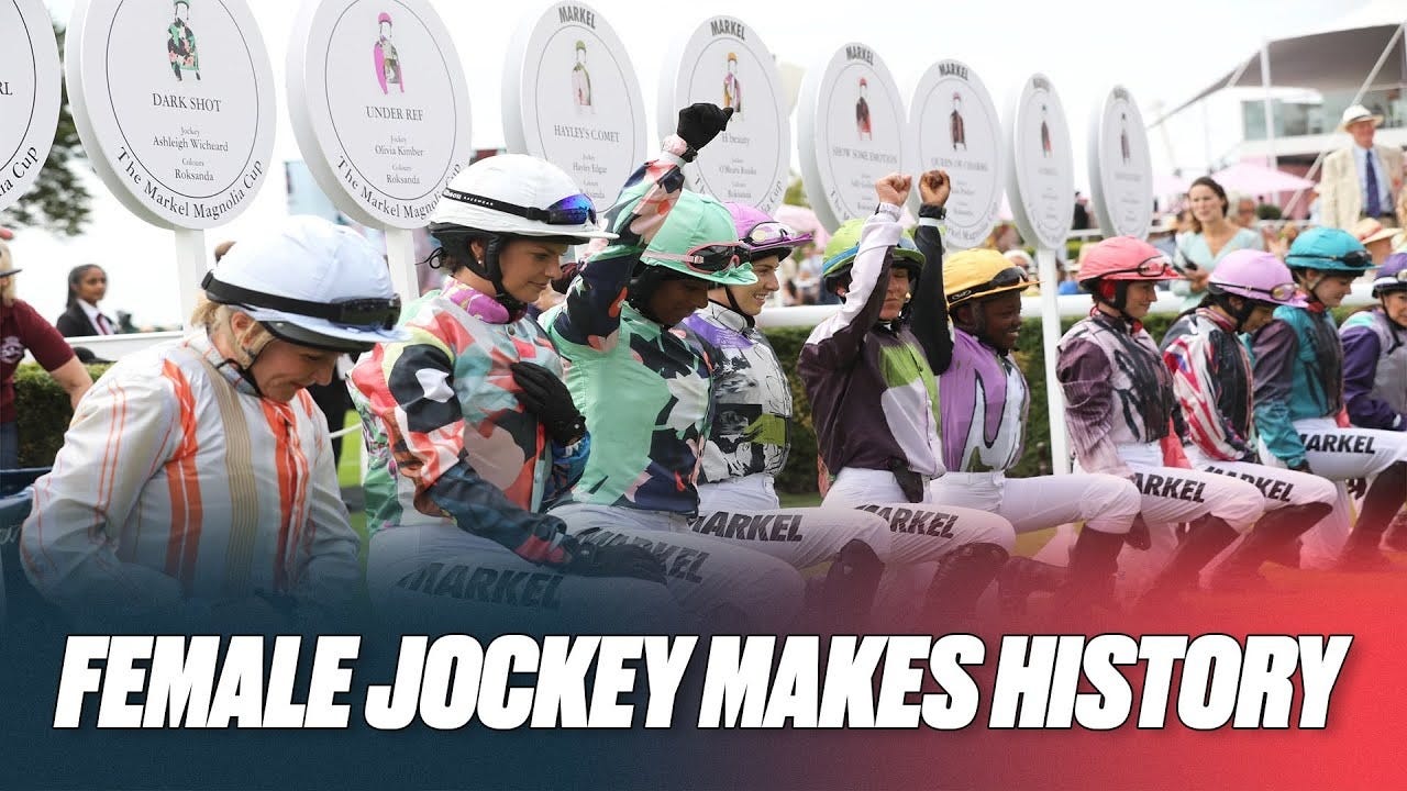 Image of jockeys "taking the knee" at the Magnolia Cup, Goodwood Racecourse