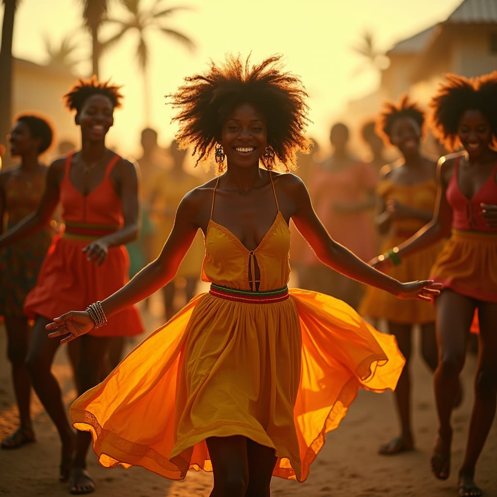 Vibrant Jamaican reggae dancer, dressed in a flowing, knee-length sundress with a flared skirt, moving energetically to the rhythm, shot in a cinematic style reminiscent of Roger Deakins' work.