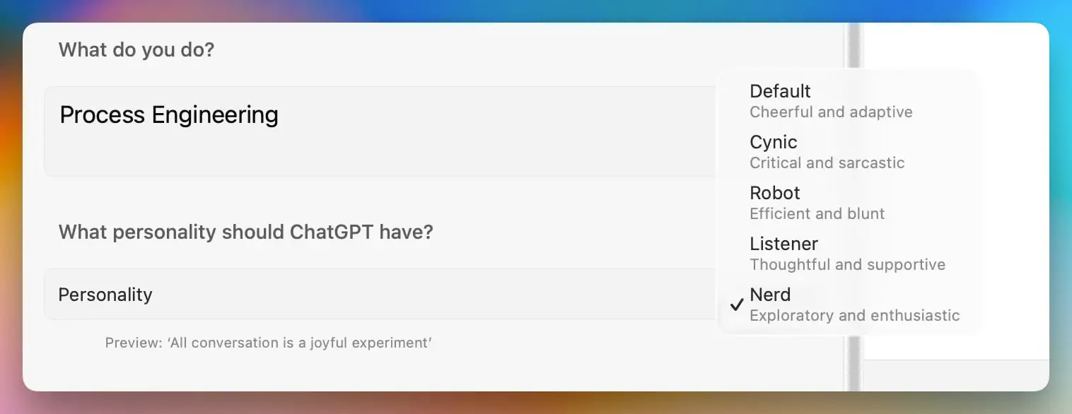 ChatGPT Personality - Screenshot by Author