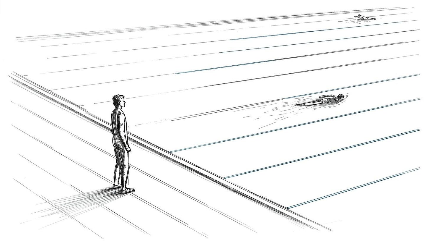 Person standing awkwardly at a running track, gazing toward a calm swimming lane Person standing awkwardly at a running track, gazing toward a calm swimming lane