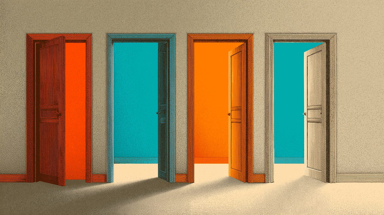 Conceptual editorial illustration showing a heavy iron door slamming shut on the left side with the physical force swinging open three lighter doors on the right, each revealing a progressively brighter room, visualizing how rejection creates opportunity Conceptual editorial illustration showing a heavy iron door slamming shut on the left side with the physical force swinging open three lighter doors on the right, each revealing a progressively brighter room, visualizing how rejection creates opportunity
