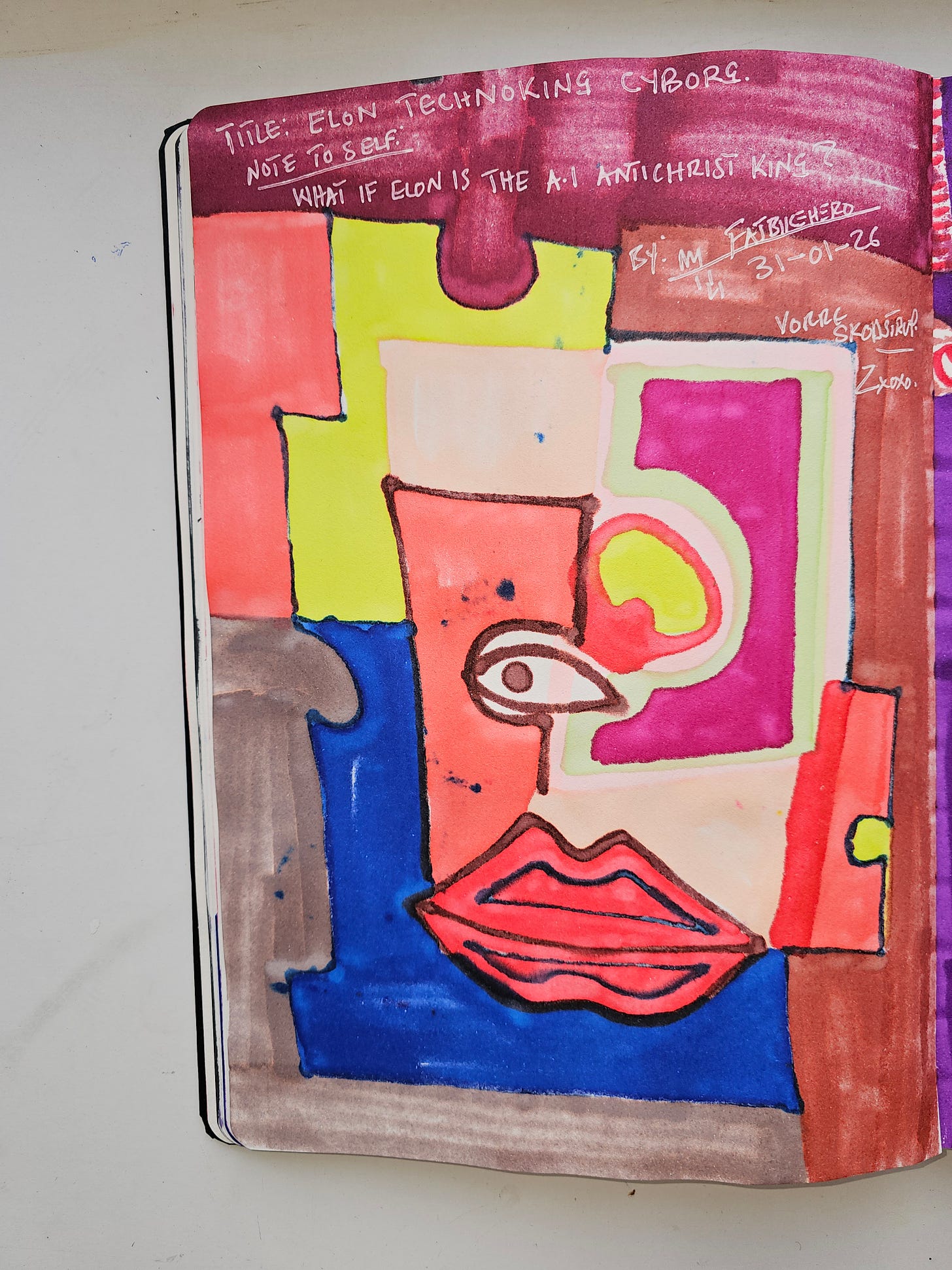 Handwritten artist note by FatbikeHero questioning AI leadership as mythic kingship, documenting the conceptual intent of the artwork.