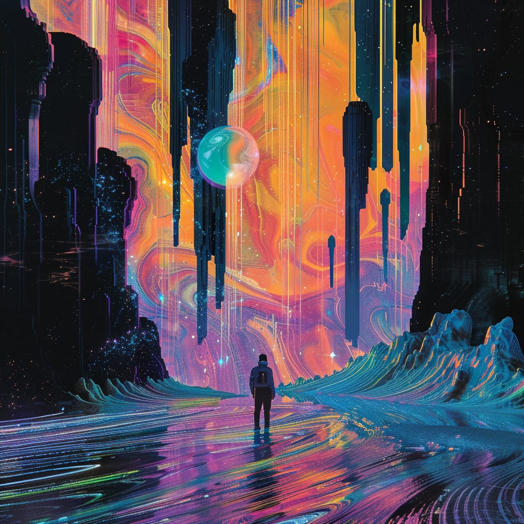 colorful risograph illustration of a human staring into a trippy, cosmic valley