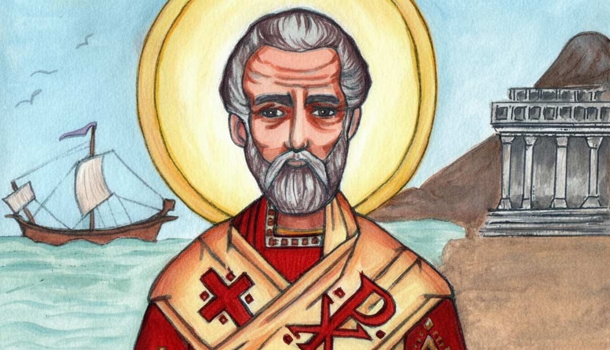 Illustrated icon of Marcion of Sinope, a haloed bishop in red and gold vestments, with a ship and Greek temple behind him. Illustrated icon of Marcion of Sinope, a haloed bishop in red and gold vestments, with a ship and Greek temple behind him.