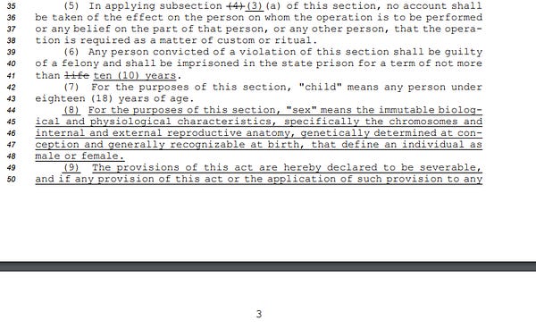 with state and federal law.
35 (5) In applying subsection (4)(3)(a) of this section, no account shall
36 be taken of the effect on the person on whom the operation is to be performed
37 or any belief on the part of that person, or any other person, that the opera38 tion is required as a matter of custom or ritual.
39 (6) Any person convicted of a violation of this section shall be guilty
40 of a felony and shall be imprisoned in the state prison for a term of not more
41 than life ten (10) years.
42 (7) For the purposes of this section, "child" means any person under
43 eighteen (18) years of age.
44 (8) For the purposes of this s