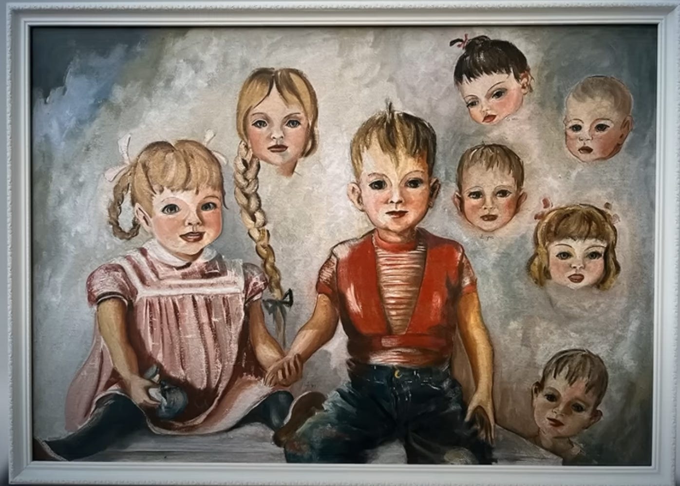 Painting of a small girl and small boy holding hands, surrounded by floating heads of other children, all of whom have vacuous stares and are definitely haunted.