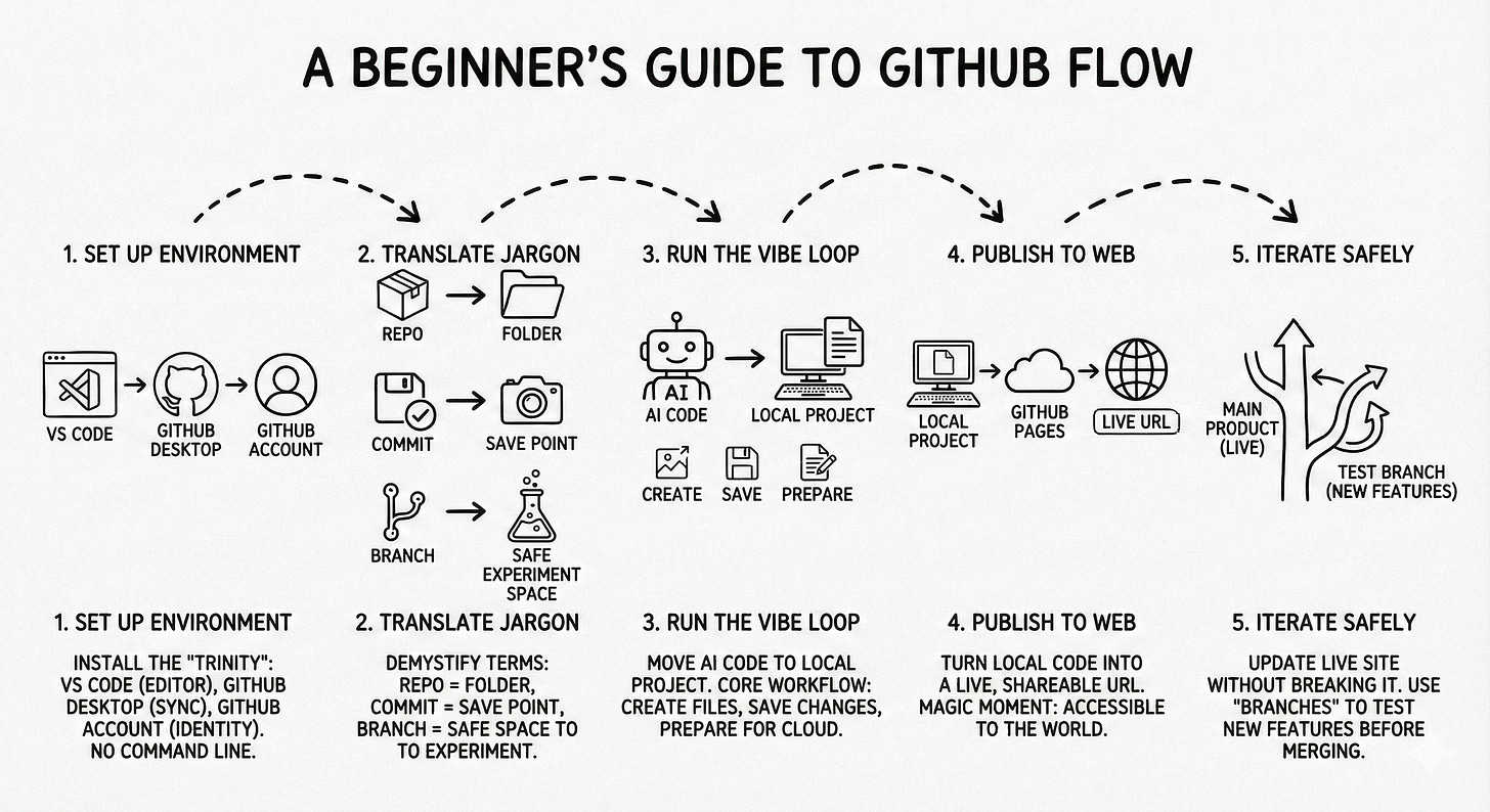 A flowchart titled "A Beginner's Guide to GitHub Flow" illustrating the five steps: Set Up Environment, Translate Jargon, Run the Vibe Loop, Publish to Web, and Iterate Safely.