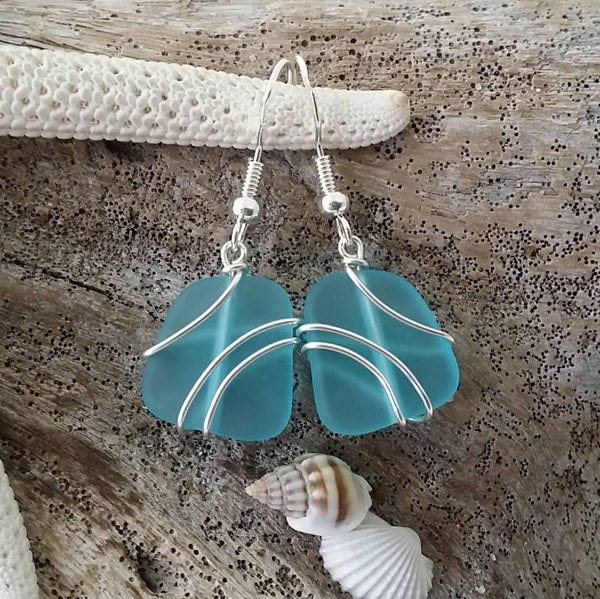 Made in Hawaii, Wire wrapped blue sea glass earrings, Sea glass beach –  yinahawaii