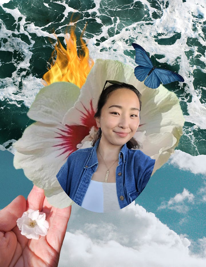 left: collage of 28 year old ji smiling, against a backdrop of a rose of sharon flower, fire flames, a blue butterfly, ocean waves, blue sky, and a hand holding a small white flower. right: collage of 5yo ji in a dance pose in a pink outfit. on top of a bouquet of sunflowers and a fern. backdrop of blue sky, trees, blue water. a blue butterfly. fragments of a korean brick wall and a black and white photo of koreans in the early 1900s walking on the street.