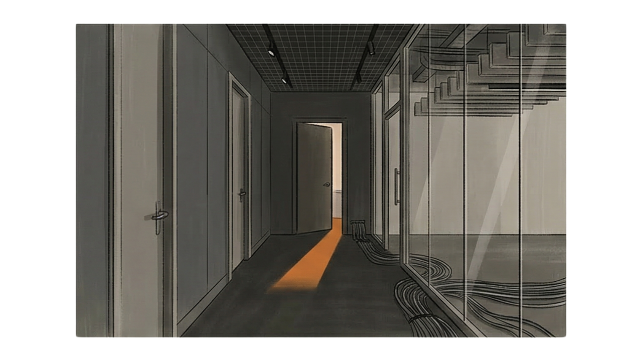 A minimalist editorial illustration of a modern office hallway in greyscale. The dark, patterned ceiling features track lighting, and a prominent orange light spills from an open doorway at the far end. On the right, a large glass wall reveals stairs and several floor-level cables. The small image is centered within a expansive, cream-colored frame.