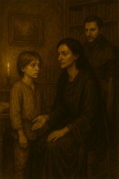 A dark fantasy image of Clarion, visually reminiscent of Gwendoline Christie but with long black hair, sitting in the Krezkovs' study. She is tall and regal, dressed in a dark velvet cloak with silver embroidery, her black hair braided and coiled elegantly. She sits in a high-backed wooden chair near a stone hearth, her posture composed and watchful. Fleetwood, visually reminiscent of Richard Armitage, stands nearby, leaning against a wooden desk cluttered with maps and old books. He wears a weathered cloak and leather armor, his expression thoughtful and protective. The study is warmly lit by candlelight and a crackling fire, with shelves of dusty tomes, a stained-glass window, and a carved raven motif above the fireplace. The atmosphere is intimate, tense, and steeped in quiet resolve.