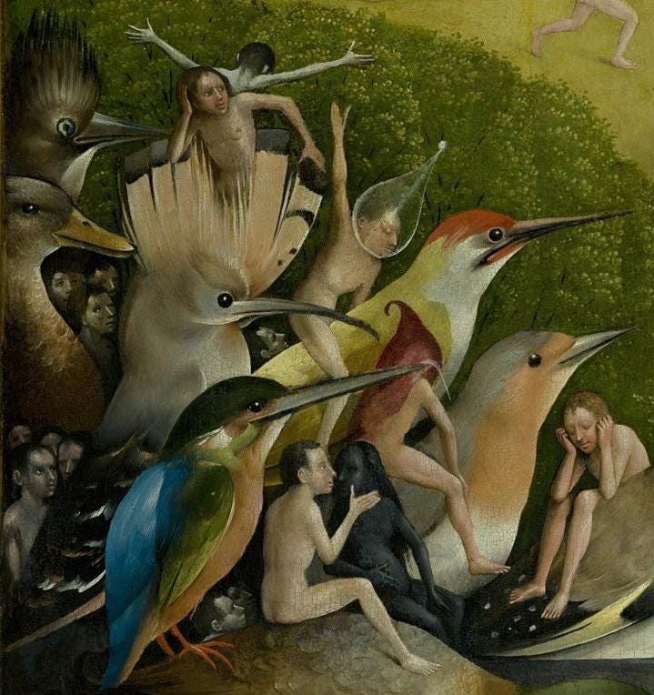 A wide eyed owl inside a blue globe near the center of the triptych A wide eyed owl inside a blue globe near the center of the triptych