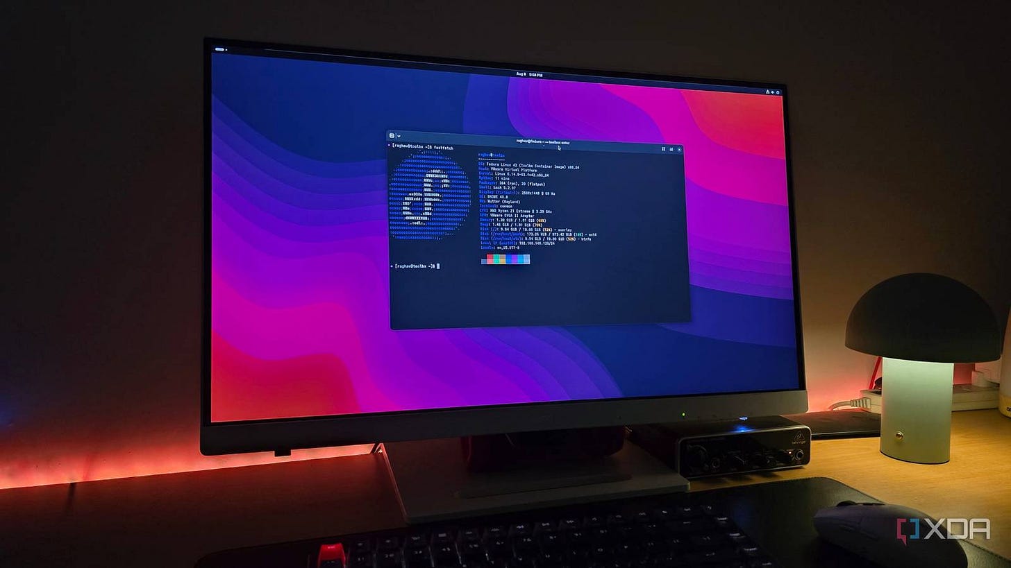 A computer running Fedora Silverblue connected to a monitor 