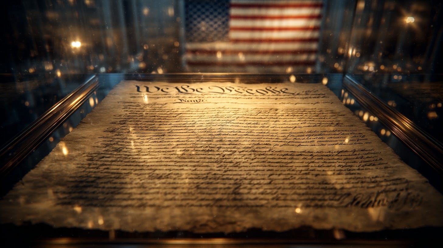 Close up of the United States Constitution parchment under glass with We the People visible and an American flag reflected in the background.