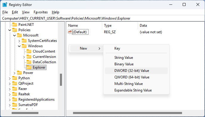Creating a new DWORD value.