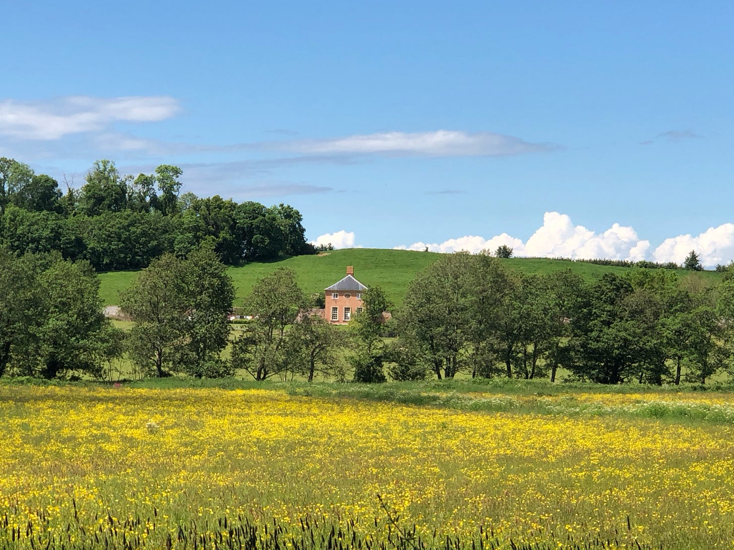 A red-brick country house in the Exmoor landscape, surrounded by green hills, trees, and wildflower fields beneath a wide blue sky