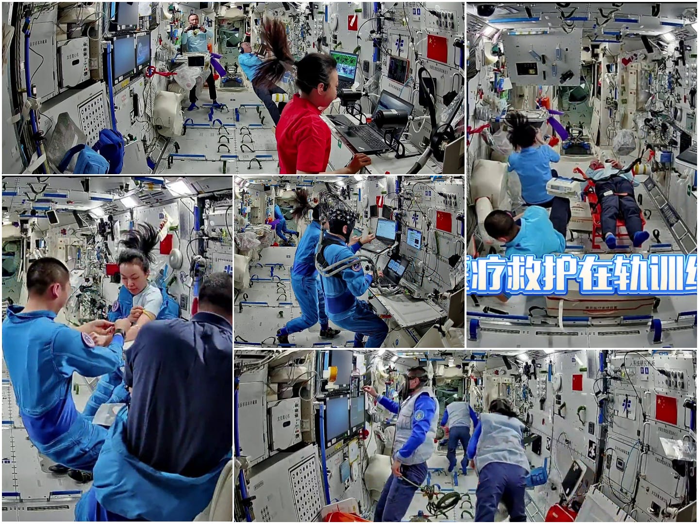 Li Jiaying performing spacecraft control training (top left), her having a blood sample taken (bottom left), Zhu Yangzhu wearing an electroencephalography cap before an experiment (center), the Shenzhou-23 crew performing medical aid training (top right), and their second evacuation training drill (bottom left).