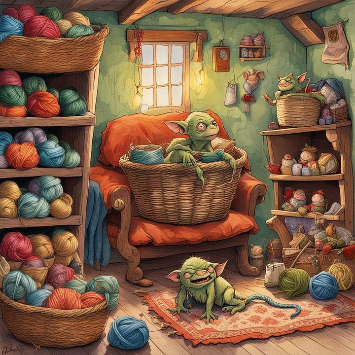 Goblins in a cosy living room full or yarn