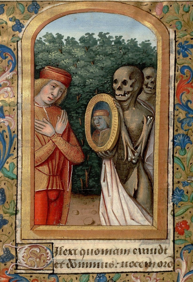 R. J. Crowther Jr. on X: "Memento mori - Death mirrors life. Illustration  from a Book of Hours c. 1490, Biliothèque Mazarine.  https://t.co/qnRvRu7uNU" / X