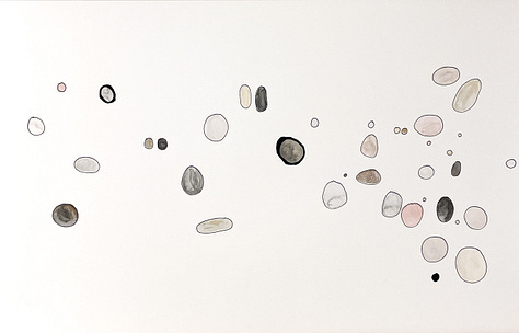 three music scores of abstract shapes, one with pebble shapes, one with squiggly graph lines, and the other a black silhouette of a joahua tree.