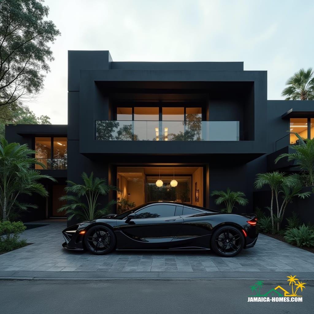 Modern Jamaican townhouse in Kingston, matte black, bold geometric forms, recessed windows, flat roof, protruding entrances, rooftop lounge and spa, geometric landscaping, luxury black supercar, cinematic film still, 35mm film grain, vignette, color graded, cinematic lighting, futuristic urban elegance, inspired by Syd Mead, Antoni Gaudí, and Zaha Hadid's sleek architecture, dramatic contrasts, atmospheric.