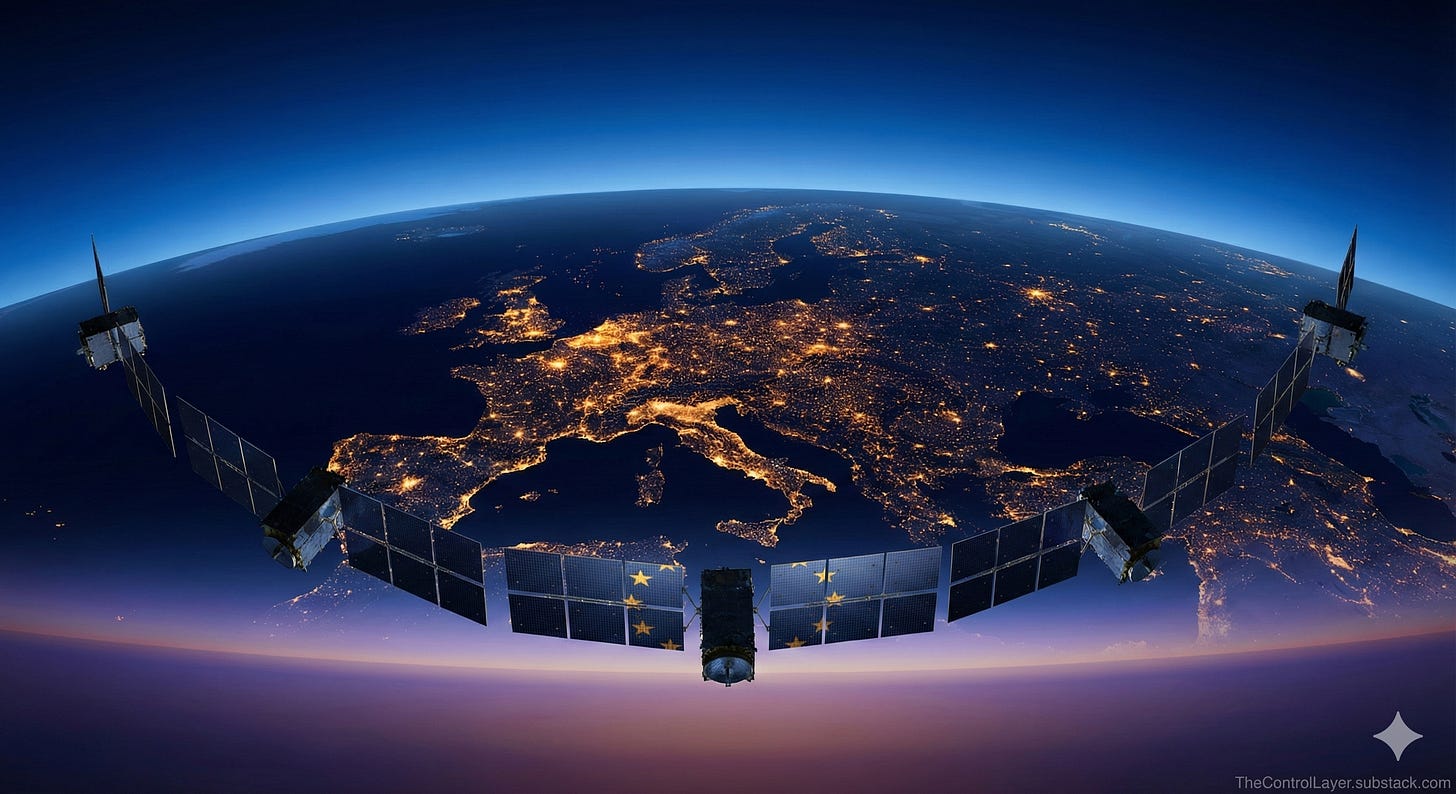 European continent viewed from space at twilight, protected by an arc of satellites with EU star reflections on their solar panels. European continent viewed from space at twilight, protected by an arc of satellites with EU star reflections on their solar panels.