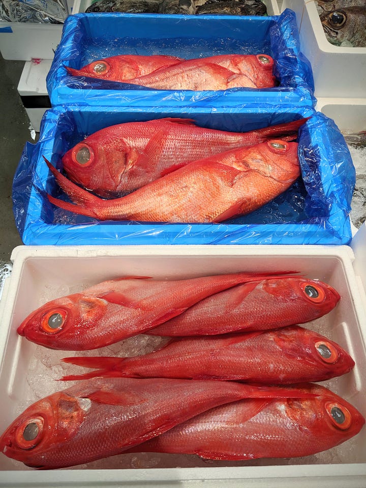 Red-skinned fresh fish, a cooked whole fish, and a painting of a fish on a plate.