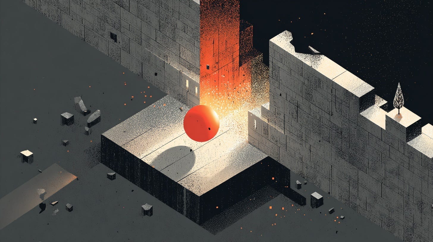 A surreal scene shows a glowing red-orange sphere hovering between two tall gray concrete walls. The sphere emits bright light and particles, casting long shadows on the ground. Small broken blocks are scattered across the dark floor, and a single tree grows from the top of one wall, symbolizing contrast between destruction and growth. A surreal scene shows a glowing red-orange sphere hovering between two tall gray concrete walls. The sphere emits bright light and particles, casting long shadows on the ground. Small broken blocks are scattered across the dark floor, and a single tree grows from the top of one wall, symbolizing contrast between destruction and growth.