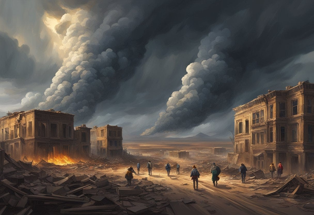 A desolate landscape with dark storm clouds, crumbling buildings, and people fleeing in fear. Fire and destruction spread across the horizon