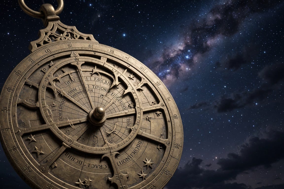 Ancient astrolabe with night sky in the background Ancient astrolabe with night sky in the background