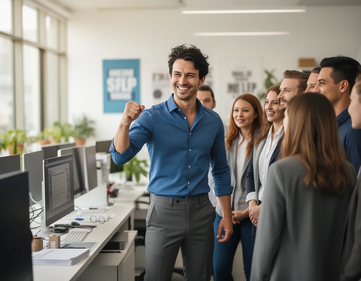 a man lifting his clenched fist on his left hand and showing it to his coworkers