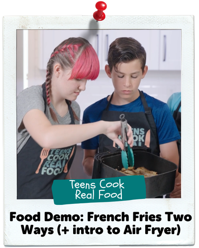 a girl with pink hair and a boy preparing French Fries two ways in an air fryer