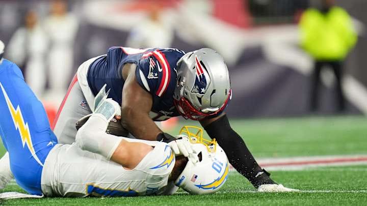 New England Patriots defensive end Milton Williams sacked Justin Herbert on the Chargers’ final offensive play