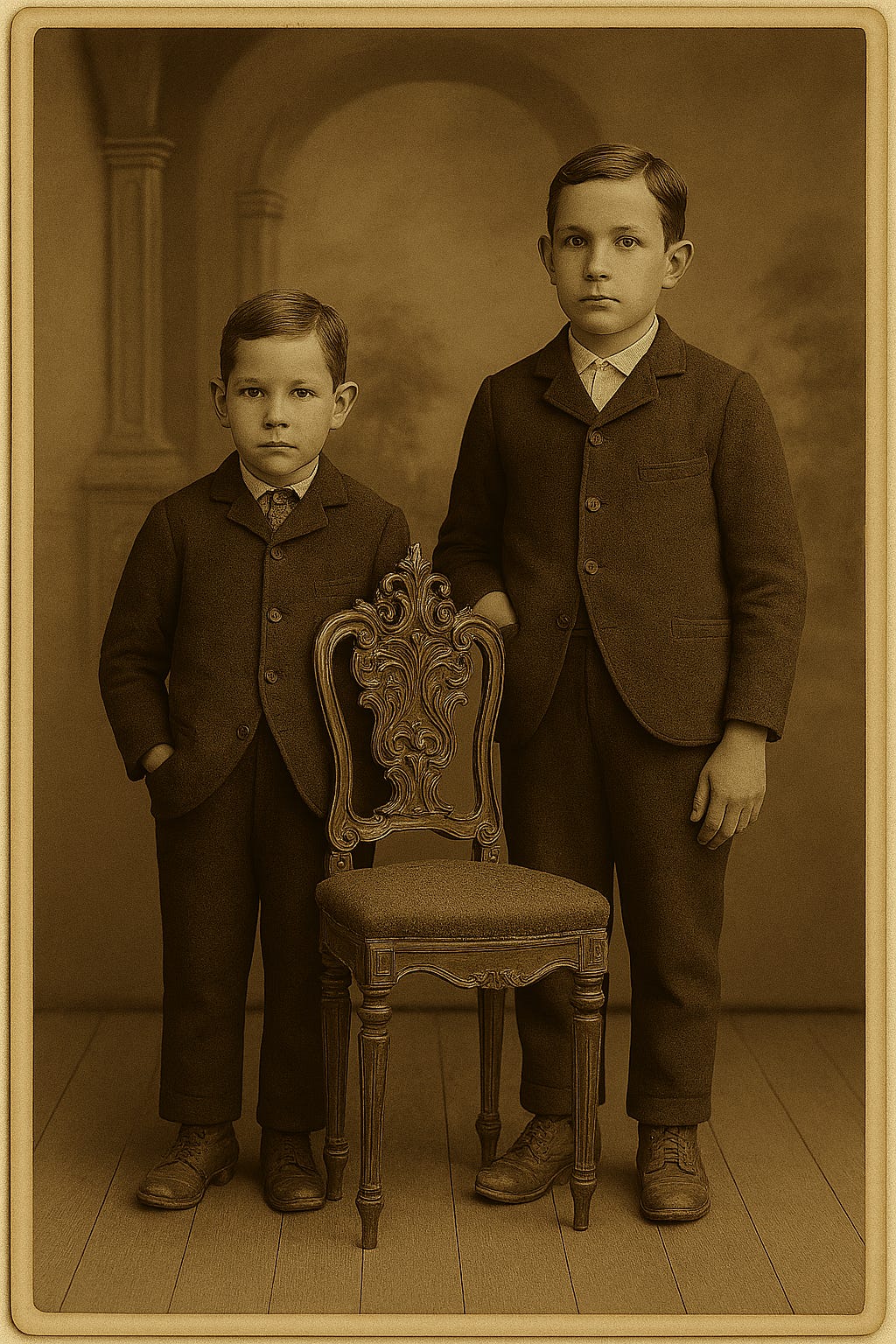 A painterly Appalachian genealogy image in 9:16 ratio showing two young boys from the 1880s standing beside a distinctive carved wooden chair. The scene is rendered in warm archival tones with soft natural light. Both boys have their hands tucked naturally in their jacket pockets, with no visible fingers or gestures. The backdrop features a painted archway and a small cluster of trees, reminiscent of itinerant photographer props used in eastern Kentucky during the late nineteenth century. The boys wear period-accurate Sunday clothing, with subtle differences in hairline and ear shape hinting at their kinship. The porch boards beneath them are visible, spaced in a way typical of rural mountain homes of the era. No text on the image.