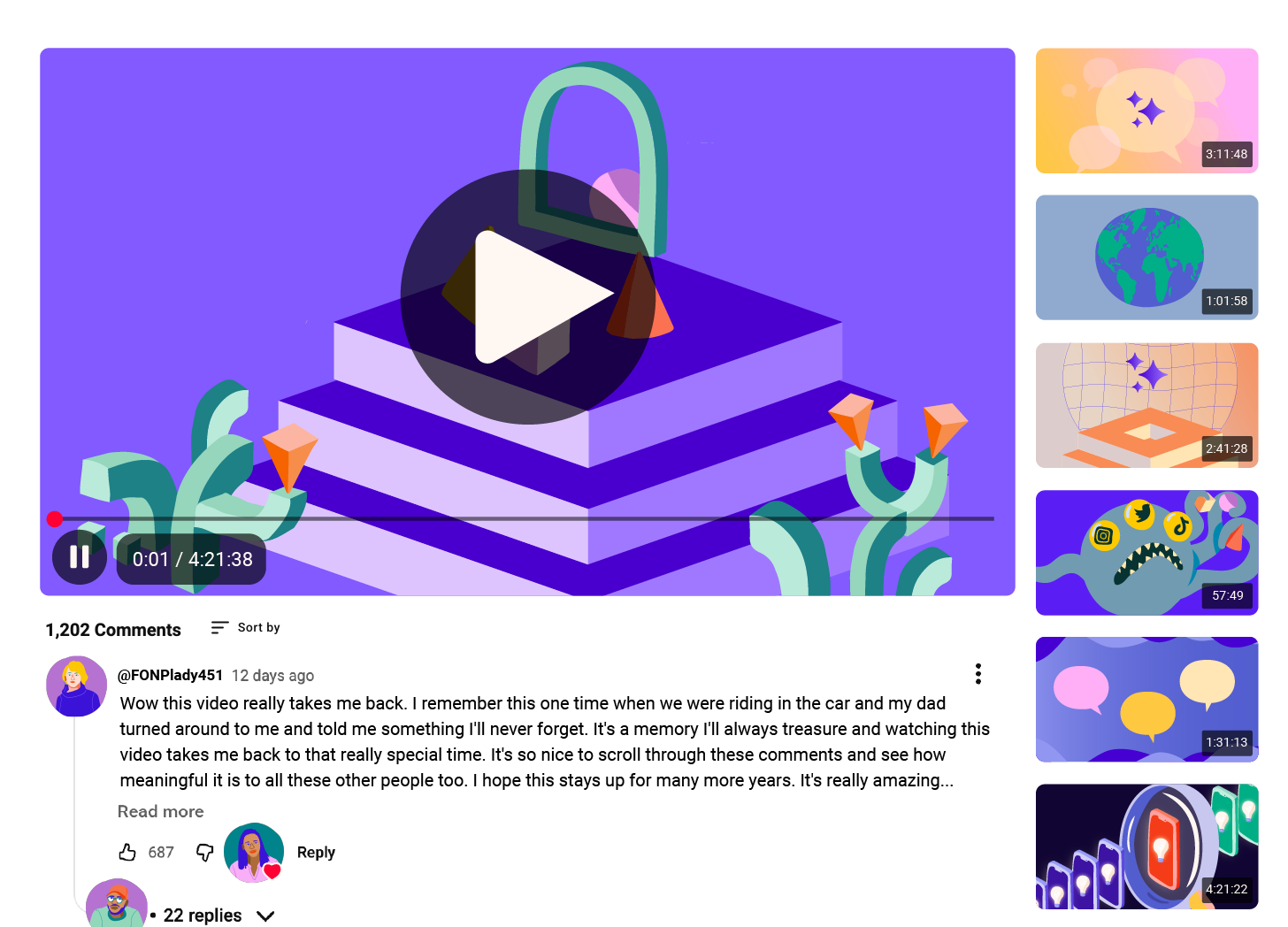 Video player interface with an abstract geometric design in purple, blue, and green tones. The main video screen features a stylized play button over a layered geometric shape. A comment section shows 1,202 total comments, with a featured comment expressing a nostalgic personal memory. The comment has 687 likes. Thumbnail previews of other videos are displayed on the right side of the screen, each with a unique abstract graphic and timestamp.