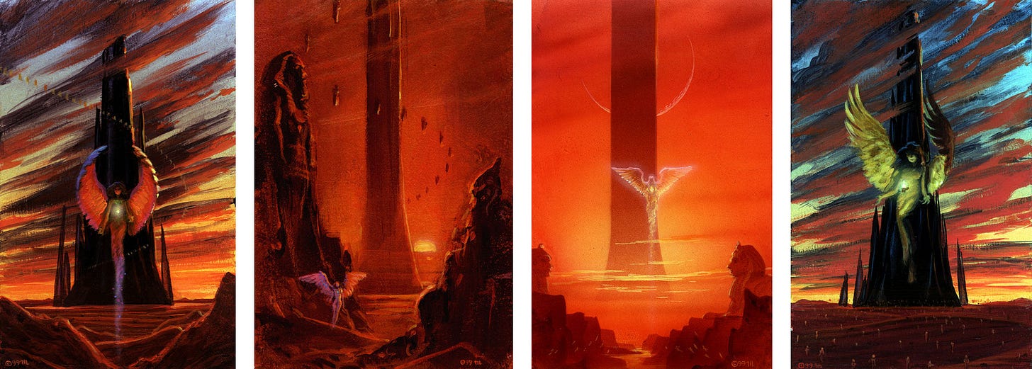 Alternate preliminary concepts for MOUNTAIN OF BLACK GLASS. From left to right: 1 - An angel with wings curling up over her. A feather glows brightly in front of her. A mountain rises in the background with dark clouds sweeping vertically in the background. 2 - A mountain rises like a tower with figures winding around it. To the left, an Egyptian statue stands tall while another sits to the right. An angel with wings spread floats low in the immediate foreground. 3 - An angel glowing partially transparent floats in front of a tower with a crescent of moon hanging looming behind it. A valley fills the immediate foreground with a sphinx on either side. 4 - With an angled POV, an angel hovers in front of a towering mountain and dark sweeping clouds. Her wings curl up and around almost sheltering the feather glowing in front of her.