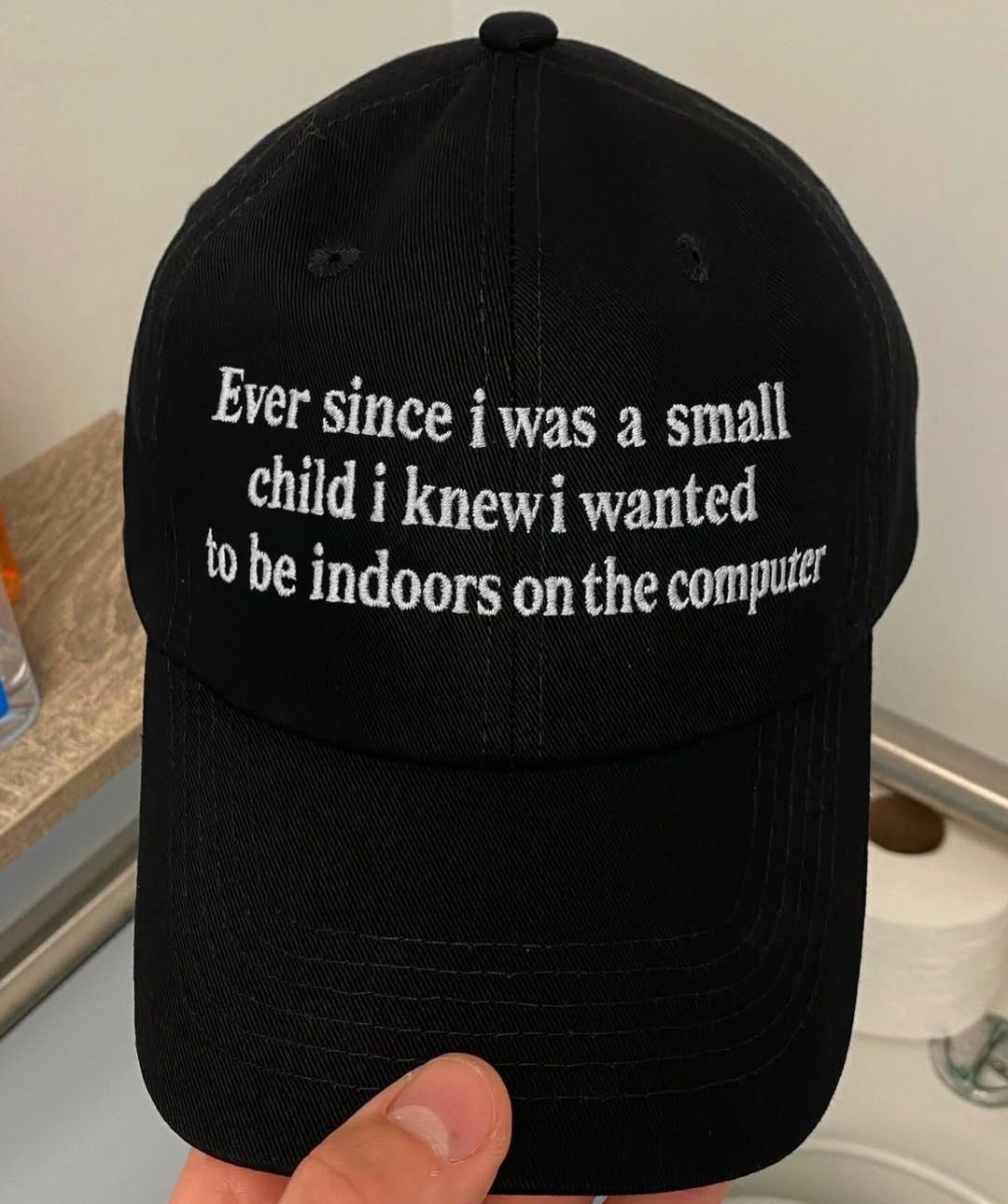 May be a meme of hat and text that says 'Ever since i was a small child i knewi wanted to be indoors on the computer' May be a meme of hat and text that says 'Ever since i was a small child i knewi wanted to be indoors on the computer'