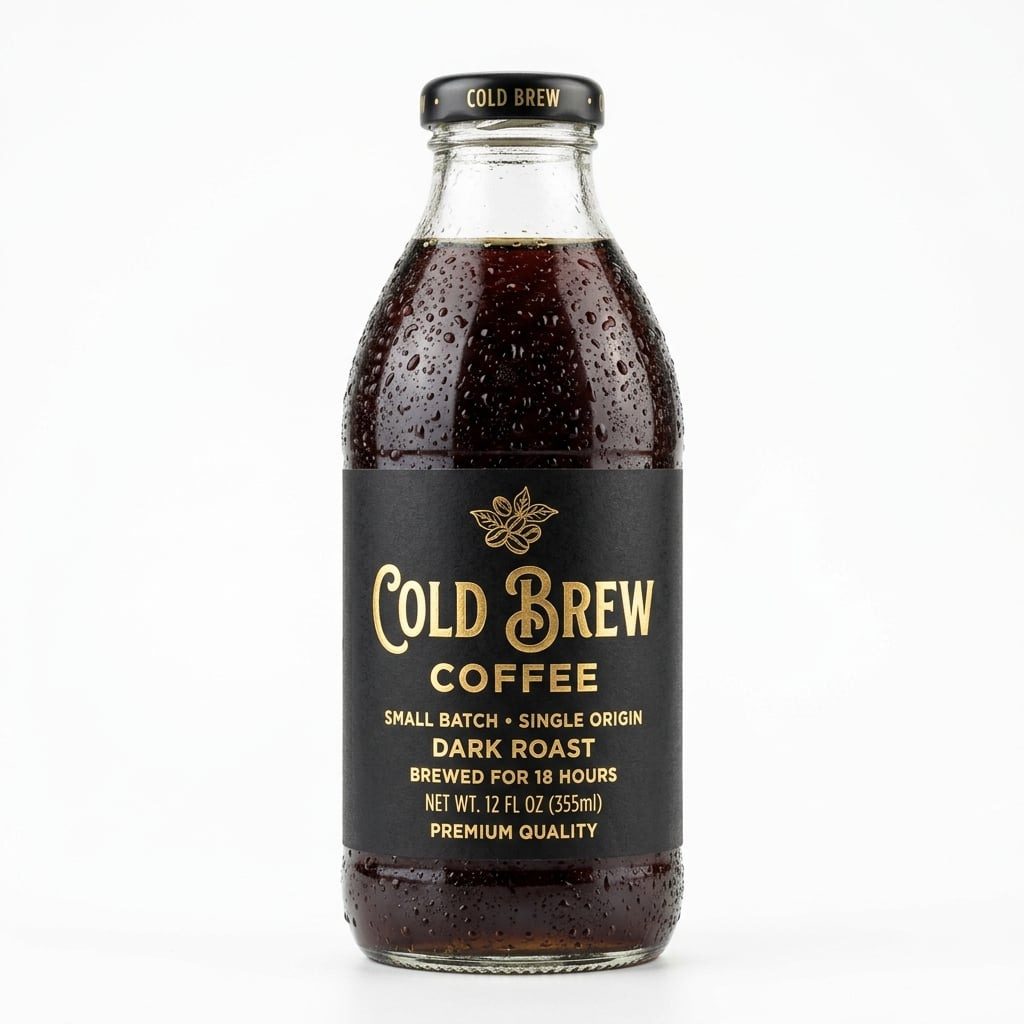 A premium glass cold brew coffee bottle, matte black label with gold foil typography,
condensation droplets on glass, product photography, pure white background,
studio lighting, sharp focus, no shadows, commercial grade